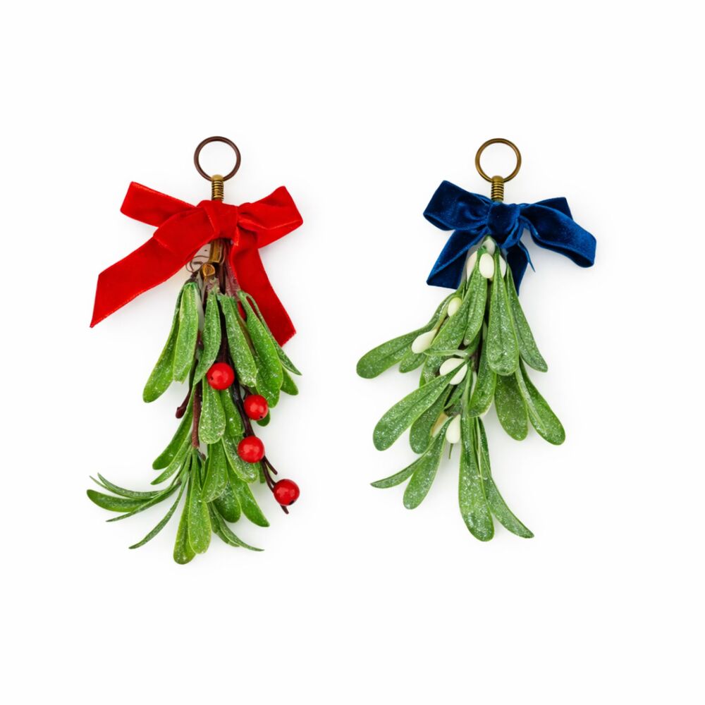 Holiday Style Mistletoe Christmas Ornament Blue Velvet Red Burgundy Bows Glitter